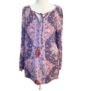 Lucky Brand Boho Mixed Print Tunic | Floral Paisley Viscose Top Size L